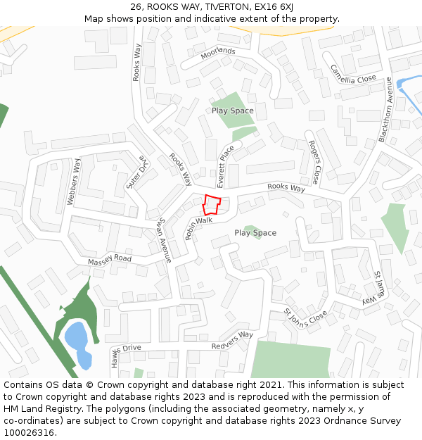 26, ROOKS WAY, TIVERTON, EX16 6XJ: Location map and indicative extent of plot