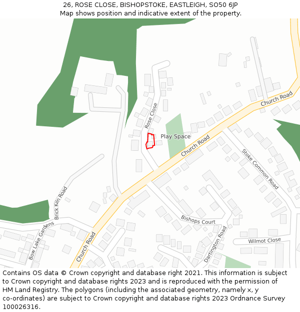 26, ROSE CLOSE, BISHOPSTOKE, EASTLEIGH, SO50 6JP: Location map and indicative extent of plot