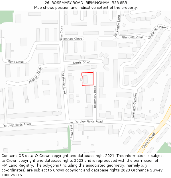 26, ROSEMARY ROAD, BIRMINGHAM, B33 8RB: Location map and indicative extent of plot