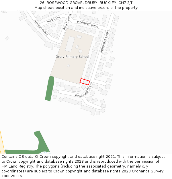 26, ROSEWOOD GROVE, DRURY, BUCKLEY, CH7 3JT: Location map and indicative extent of plot