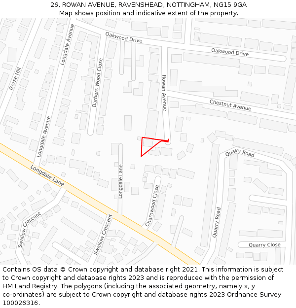 26, ROWAN AVENUE, RAVENSHEAD, NOTTINGHAM, NG15 9GA: Location map and indicative extent of plot