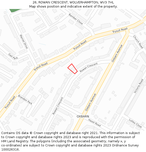 26, ROWAN CRESCENT, WOLVERHAMPTON, WV3 7HL: Location map and indicative extent of plot