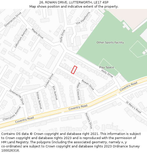 26, ROWAN DRIVE, LUTTERWORTH, LE17 4SP: Location map and indicative extent of plot