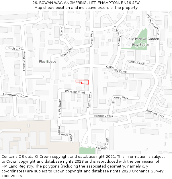26, ROWAN WAY, ANGMERING, LITTLEHAMPTON, BN16 4FW: Location map and indicative extent of plot