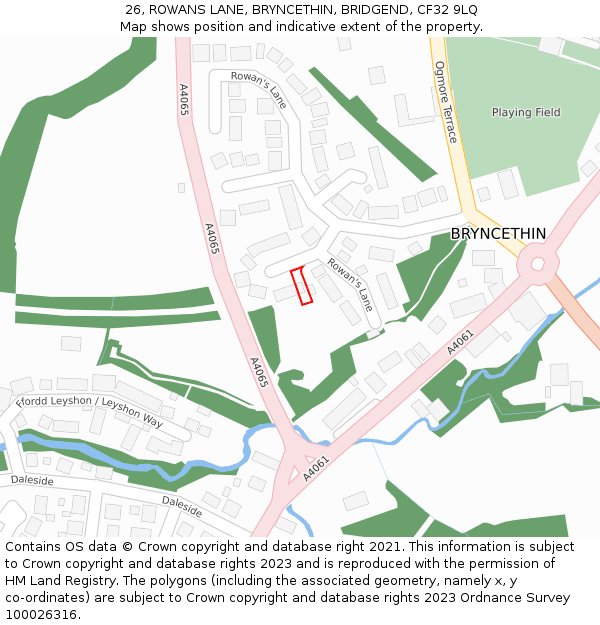 26, ROWANS LANE, BRYNCETHIN, BRIDGEND, CF32 9LQ: Location map and indicative extent of plot