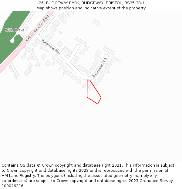 26, RUDGEWAY PARK, RUDGEWAY, BRISTOL, BS35 3RU: Location map and indicative extent of plot