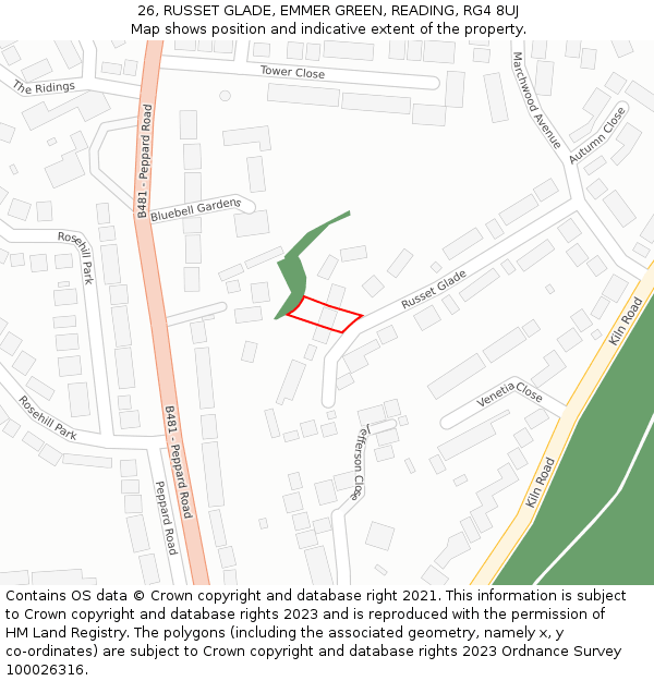 26, RUSSET GLADE, EMMER GREEN, READING, RG4 8UJ: Location map and indicative extent of plot