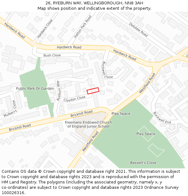 26, RYEBURN WAY, WELLINGBOROUGH, NN8 3AH: Location map and indicative extent of plot