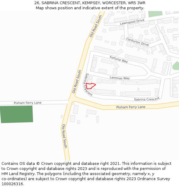 26, SABRINA CRESCENT, KEMPSEY, WORCESTER, WR5 3WR: Location map and indicative extent of plot