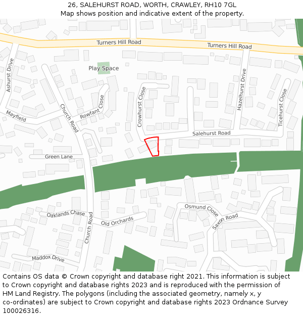 26, SALEHURST ROAD, WORTH, CRAWLEY, RH10 7GL: Location map and indicative extent of plot