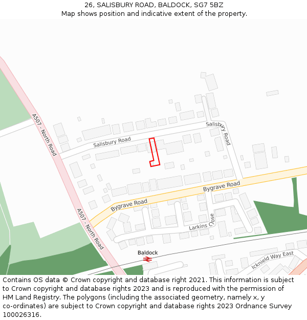 26, SALISBURY ROAD, BALDOCK, SG7 5BZ: Location map and indicative extent of plot