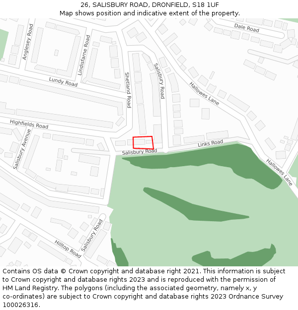 26, SALISBURY ROAD, DRONFIELD, S18 1UF: Location map and indicative extent of plot