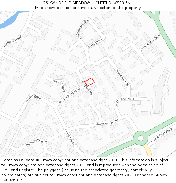 26, SANDFIELD MEADOW, LICHFIELD, WS13 6NH: Location map and indicative extent of plot
