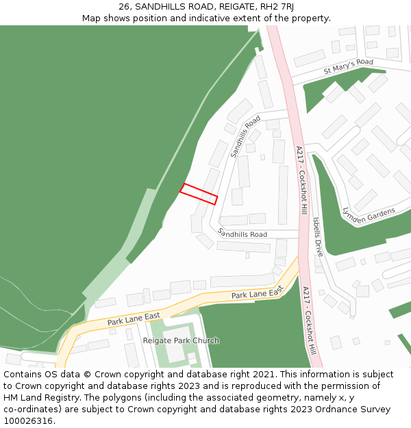 26, SANDHILLS ROAD, REIGATE, RH2 7RJ: Location map and indicative extent of plot