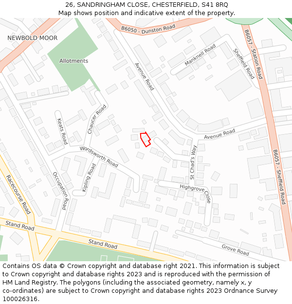 26, SANDRINGHAM CLOSE, CHESTERFIELD, S41 8RQ: Location map and indicative extent of plot