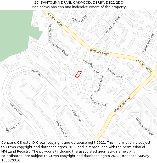 26, SANTOLINA DRIVE, OAKWOOD, DERBY, DE21 2DQ: Location map and indicative extent of plot