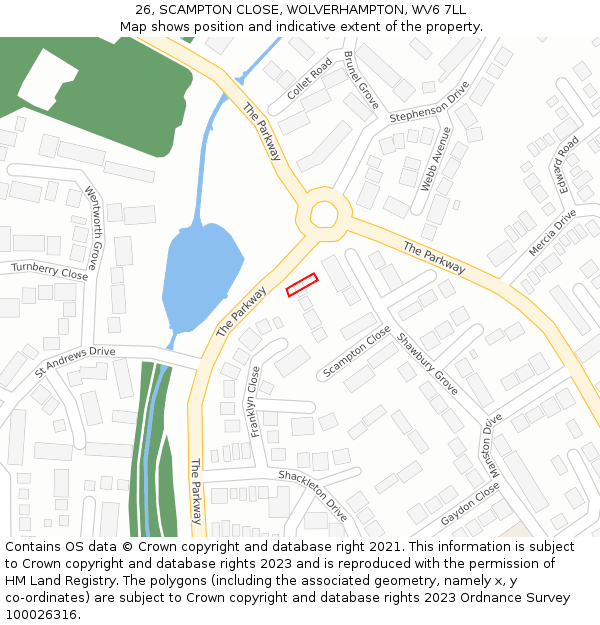 26, SCAMPTON CLOSE, WOLVERHAMPTON, WV6 7LL: Location map and indicative extent of plot