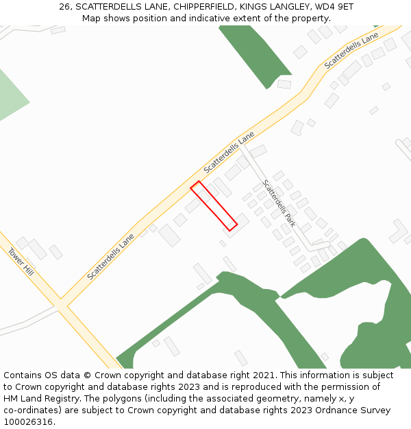 26, SCATTERDELLS LANE, CHIPPERFIELD, KINGS LANGLEY, WD4 9ET: Location map and indicative extent of plot