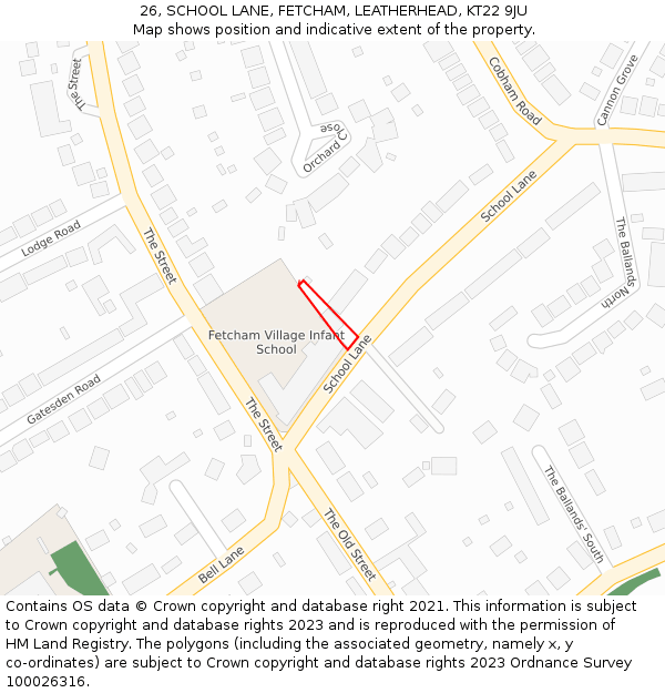 26, SCHOOL LANE, FETCHAM, LEATHERHEAD, KT22 9JU: Location map and indicative extent of plot