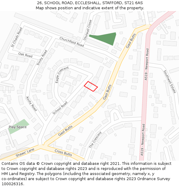 26, SCHOOL ROAD, ECCLESHALL, STAFFORD, ST21 6AS: Location map and indicative extent of plot