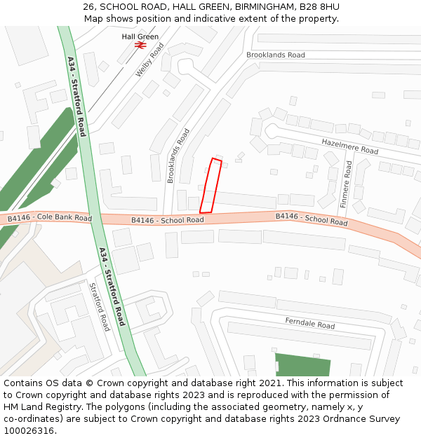 26, SCHOOL ROAD, HALL GREEN, BIRMINGHAM, B28 8HU: Location map and indicative extent of plot