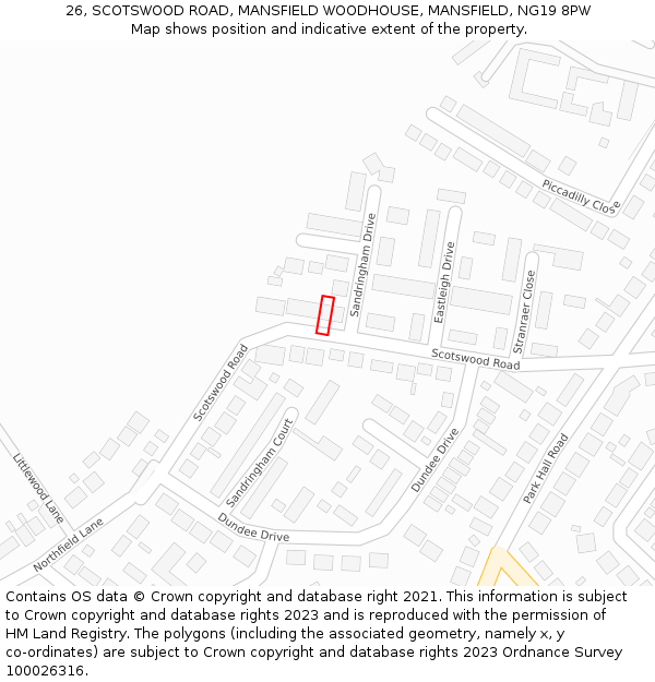 26, SCOTSWOOD ROAD, MANSFIELD WOODHOUSE, MANSFIELD, NG19 8PW: Location map and indicative extent of plot