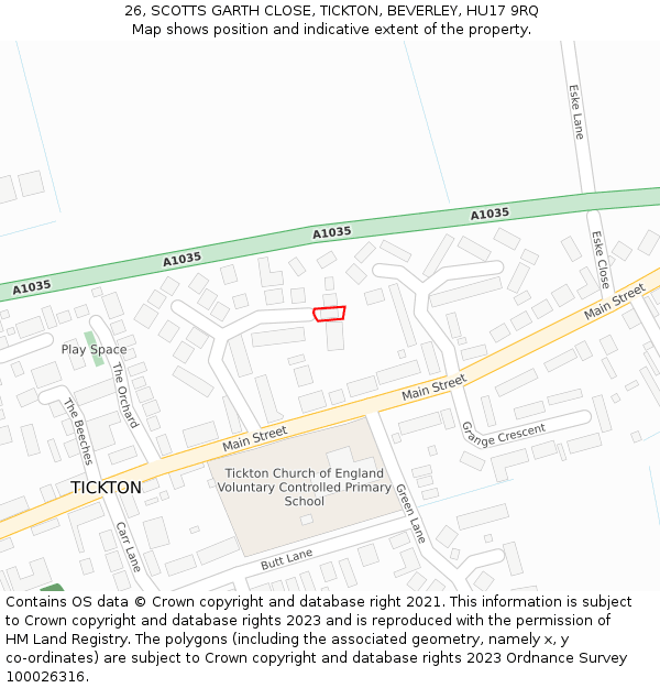 26, SCOTTS GARTH CLOSE, TICKTON, BEVERLEY, HU17 9RQ: Location map and indicative extent of plot