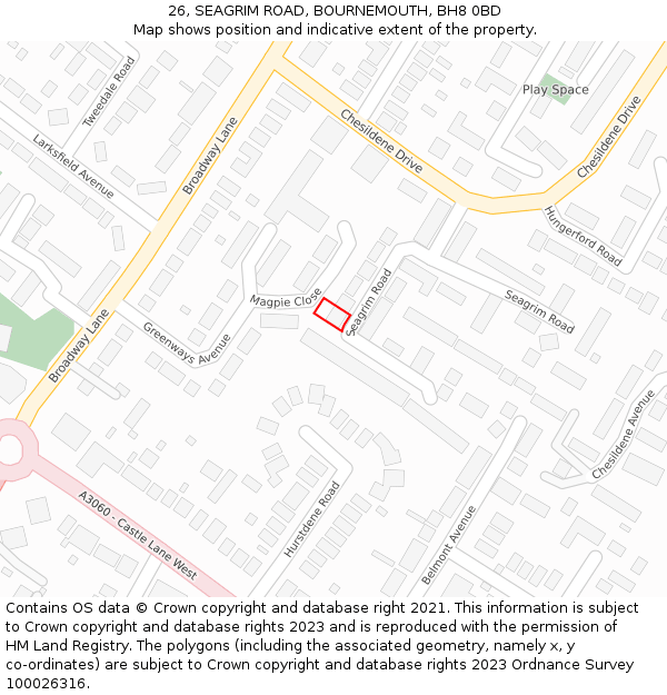 26, SEAGRIM ROAD, BOURNEMOUTH, BH8 0BD: Location map and indicative extent of plot