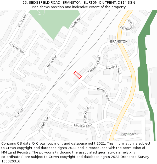 26, SEDGEFIELD ROAD, BRANSTON, BURTON-ON-TRENT, DE14 3GN: Location map and indicative extent of plot