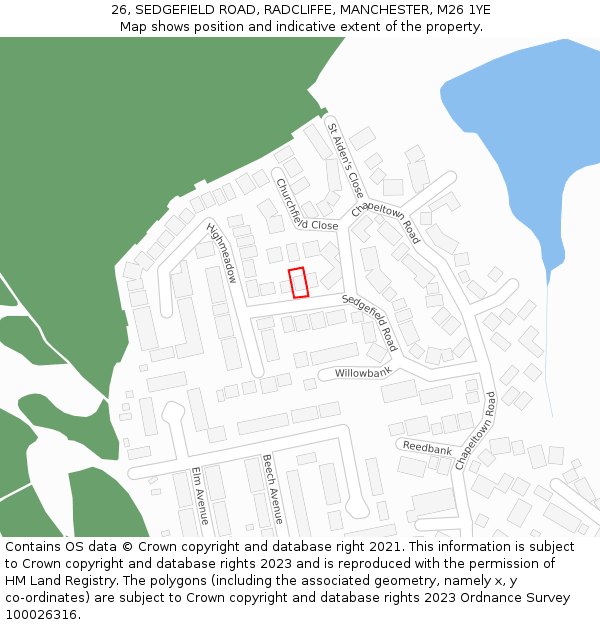 26, SEDGEFIELD ROAD, RADCLIFFE, MANCHESTER, M26 1YE: Location map and indicative extent of plot