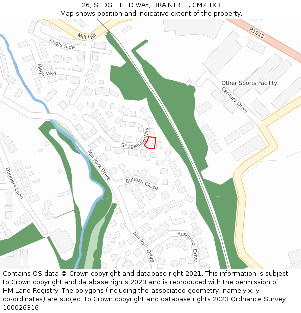 26, SEDGEFIELD WAY, BRAINTREE, CM7 1XB: Location map and indicative extent of plot