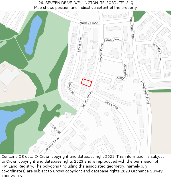 26, SEVERN DRIVE, WELLINGTON, TELFORD, TF1 3LQ: Location map and indicative extent of plot