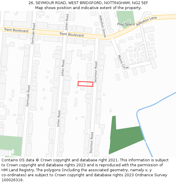 26, SEYMOUR ROAD, WEST BRIDGFORD, NOTTINGHAM, NG2 5EF: Location map and indicative extent of plot