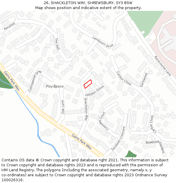 26, SHACKLETON WAY, SHREWSBURY, SY3 8SW: Location map and indicative extent of plot