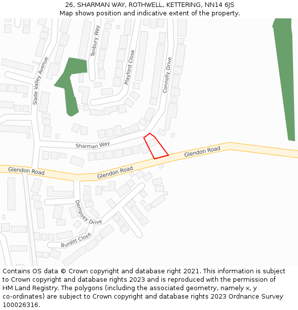 26, SHARMAN WAY, ROTHWELL, KETTERING, NN14 6JS: Location map and indicative extent of plot