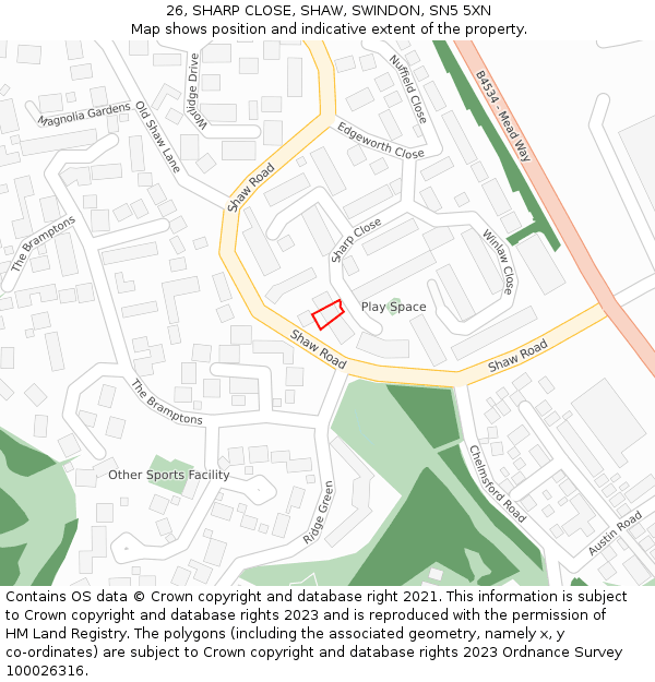 26, SHARP CLOSE, SHAW, SWINDON, SN5 5XN: Location map and indicative extent of plot