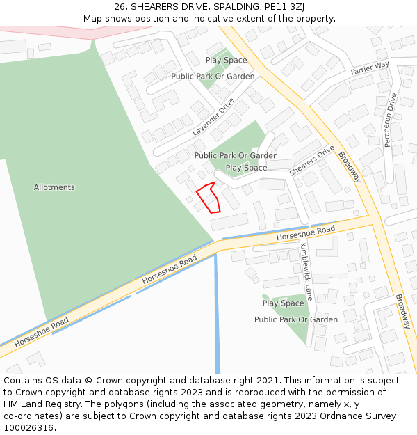 26, SHEARERS DRIVE, SPALDING, PE11 3ZJ: Location map and indicative extent of plot