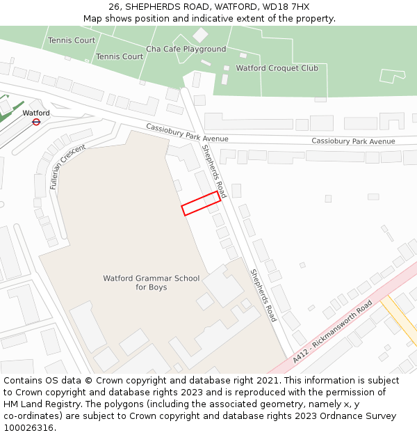 26, SHEPHERDS ROAD, WATFORD, WD18 7HX: Location map and indicative extent of plot