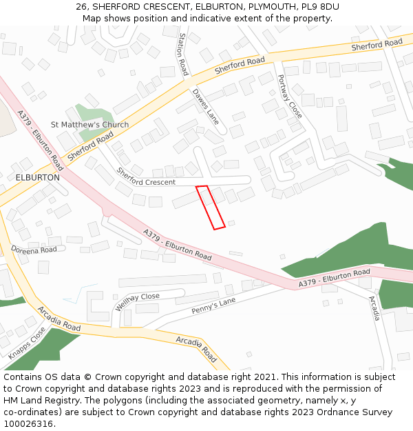 26, SHERFORD CRESCENT, ELBURTON, PLYMOUTH, PL9 8DU: Location map and indicative extent of plot