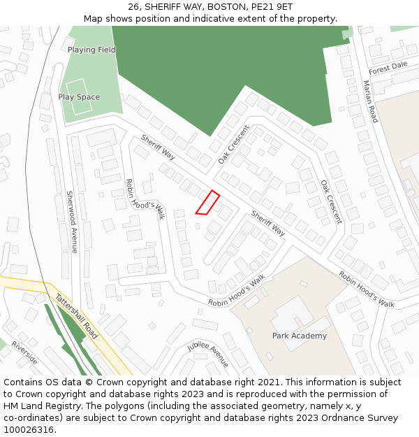 26, SHERIFF WAY, BOSTON, PE21 9ET: Location map and indicative extent of plot
