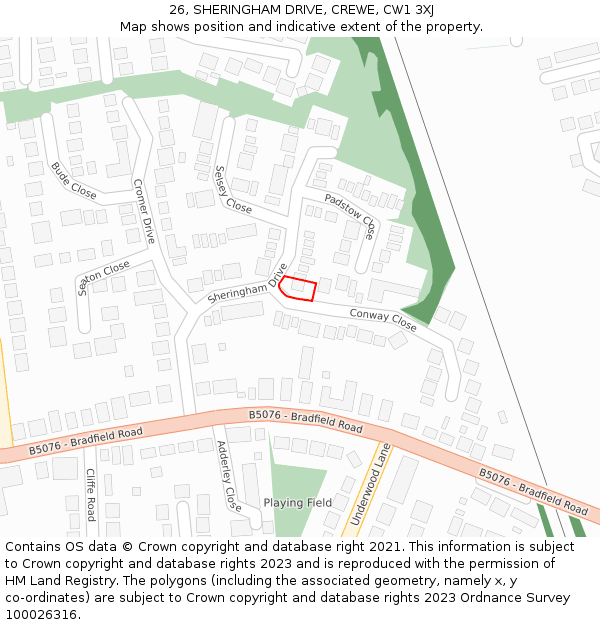 26, SHERINGHAM DRIVE, CREWE, CW1 3XJ: Location map and indicative extent of plot