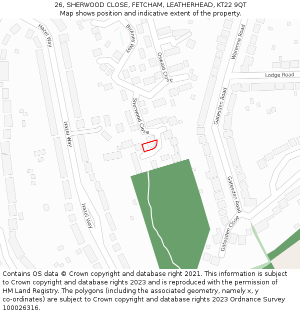 26, SHERWOOD CLOSE, FETCHAM, LEATHERHEAD, KT22 9QT: Location map and indicative extent of plot