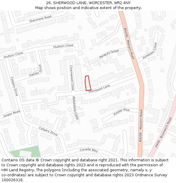 26, SHERWOOD LANE, WORCESTER, WR2 4NY: Location map and indicative extent of plot