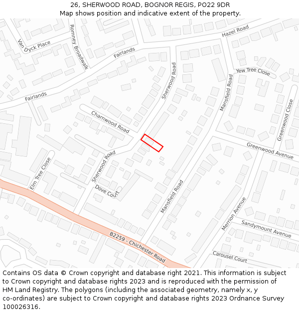 26, SHERWOOD ROAD, BOGNOR REGIS, PO22 9DR: Location map and indicative extent of plot