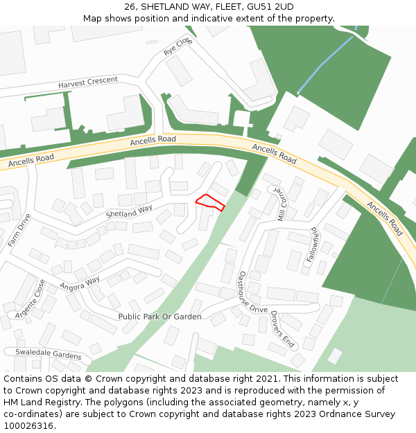 26, SHETLAND WAY, FLEET, GU51 2UD: Location map and indicative extent of plot