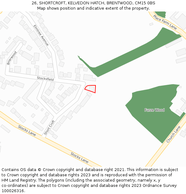 26, SHORTCROFT, KELVEDON HATCH, BRENTWOOD, CM15 0BS: Location map and indicative extent of plot