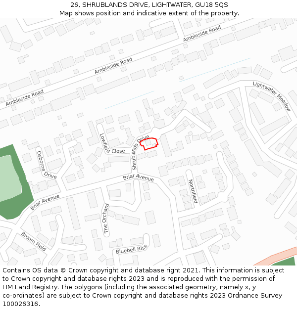 26, SHRUBLANDS DRIVE, LIGHTWATER, GU18 5QS: Location map and indicative extent of plot