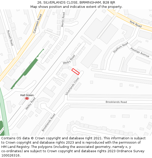 26, SILVERLANDS CLOSE, BIRMINGHAM, B28 8JR: Location map and indicative extent of plot