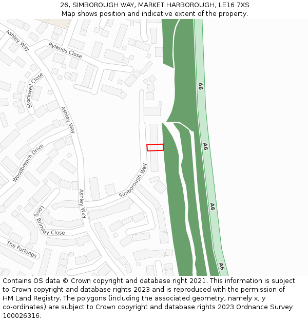26, SIMBOROUGH WAY, MARKET HARBOROUGH, LE16 7XS: Location map and indicative extent of plot