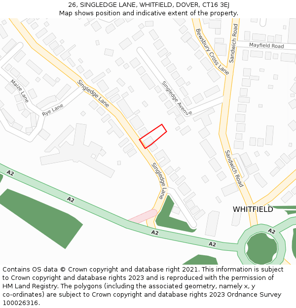 26, SINGLEDGE LANE, WHITFIELD, DOVER, CT16 3EJ: Location map and indicative extent of plot